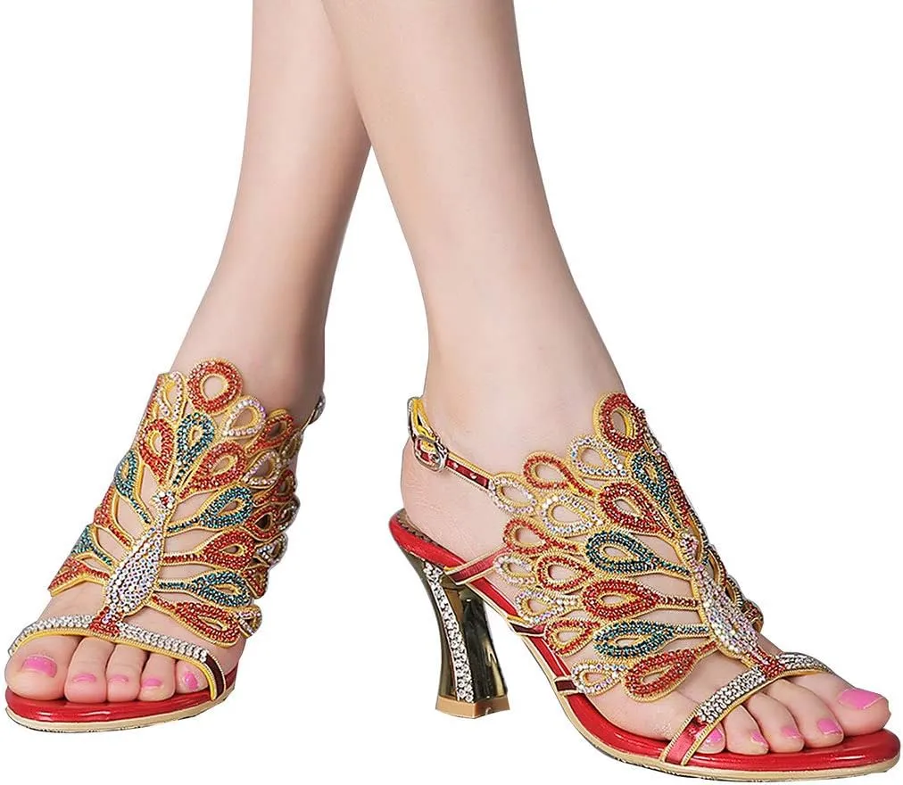 LizFoYa Women Rhinestone Peacock Wedding Sandals Chic Evening Dress Chunky High Heels