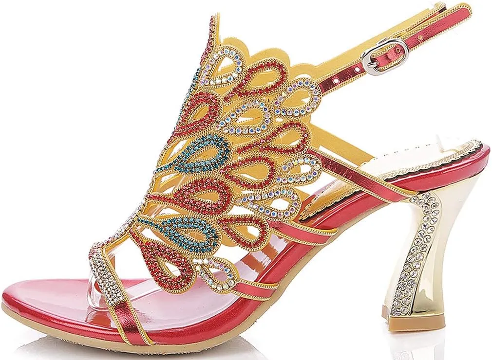 LizFoYa Women Rhinestone Peacock Wedding Sandals Chic Evening Dress Chunky High Heels