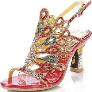 LizFoYa Women Rhinestone Peacock Wedding Sandals Chic Evening Dress Chunky High Heels