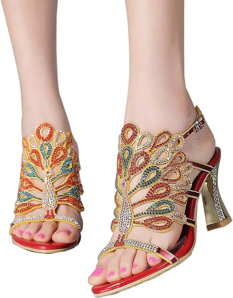 LizFoYa Women Rhinestone Peacock Wedding Sandals Chic Evening Dress Chunky High Heels