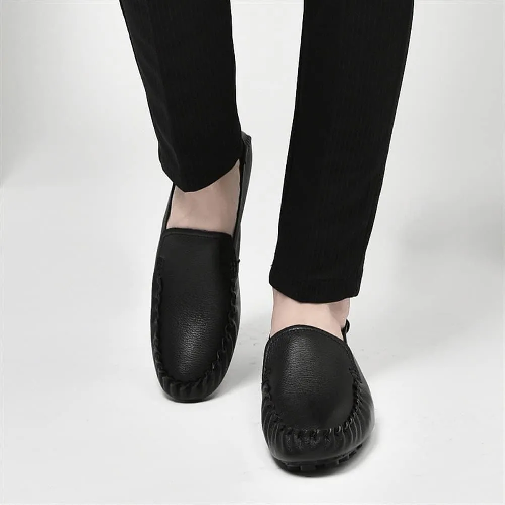 Loafers for Men Genuine Leather Rubber Sole Stitching Details Round Toe Simple Flexible Flat Heel Comfortable Outdoor Slip On