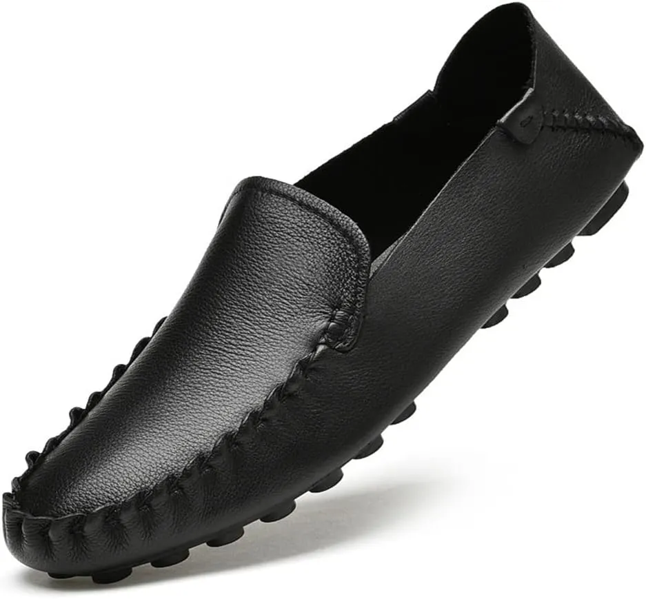 Loafers for Men Genuine Leather Rubber Sole Stitching Details Round Toe Simple Flexible Flat Heel Comfortable Outdoor Slip On