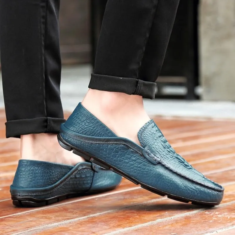 Loafers for Men Round Toe Solid Color Crocodile Print Leather Loafer Shoes Anti-Slip Flexible Lightweight Walking Outdoor Slip On