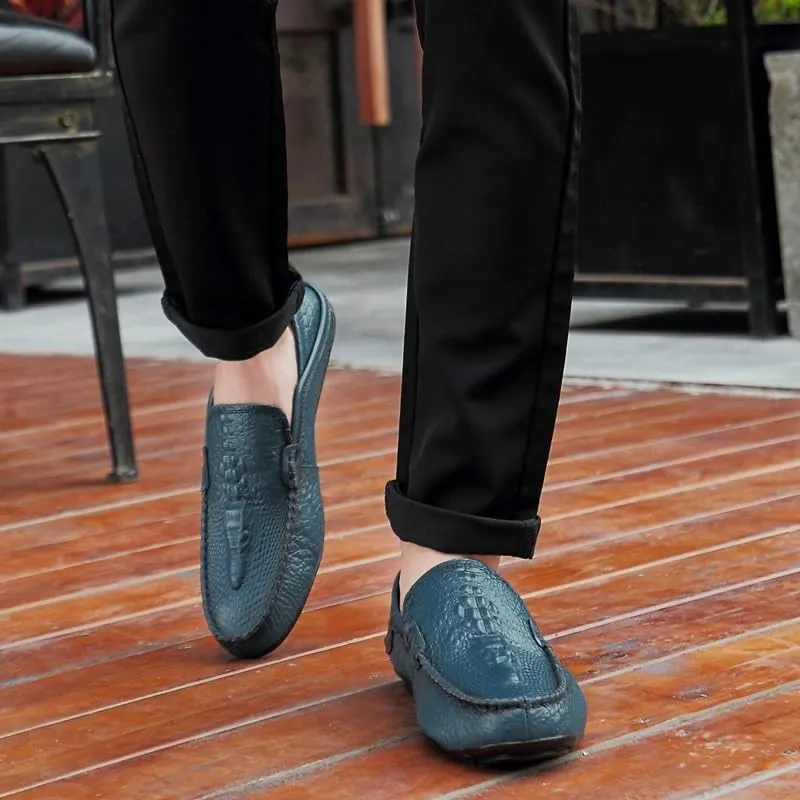 Loafers for Men Round Toe Solid Color Crocodile Print Leather Loafer Shoes Anti-Slip Flexible Lightweight Walking Outdoor Slip On