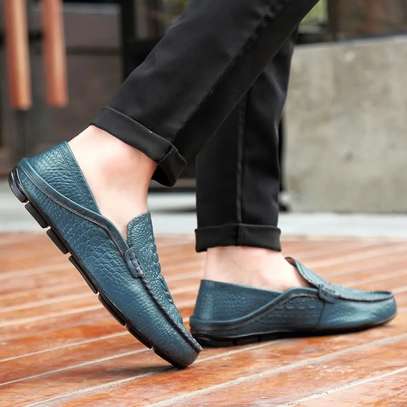 Loafers for Men Round Toe Solid Color Crocodile Print Leather Loafer Shoes Anti-Slip Flexible Lightweight Walking Outdoor Slip On