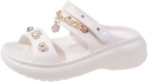 Loizziuy Women's Summer Floral Round-Toe Slip-On Sandals with Metal Chain Detail Thick Sole Boho Fairy Indoor Outdoor Slippers