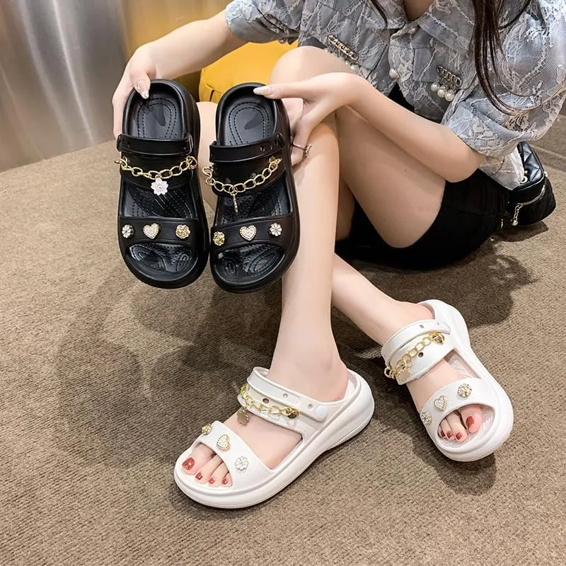 Loizziuy Women's Summer Floral Round-Toe Slip-On Sandals with Metal Chain Detail Thick Sole Boho Fairy Indoor Outdoor Slippers
