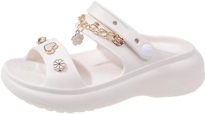 Loizziuy Women's Summer Floral Round-Toe Slip-On Sandals with Metal Chain Detail Thick Sole Boho Fairy Indoor Outdoor Slippers