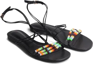 Loop beaded Flat Sandals for Women Ankle Strap Open Toe Slide Sandals Lace up Casual Summer Dressy Beach Sandals