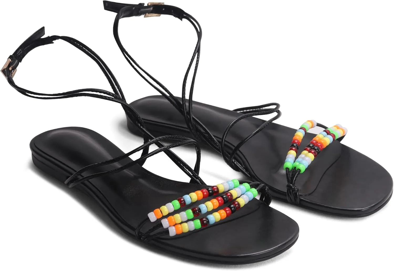 Loop beaded Flat Sandals for Women Ankle Strap Open Toe Slide Sandals Lace up Casual Summer Dressy Beach Sandals