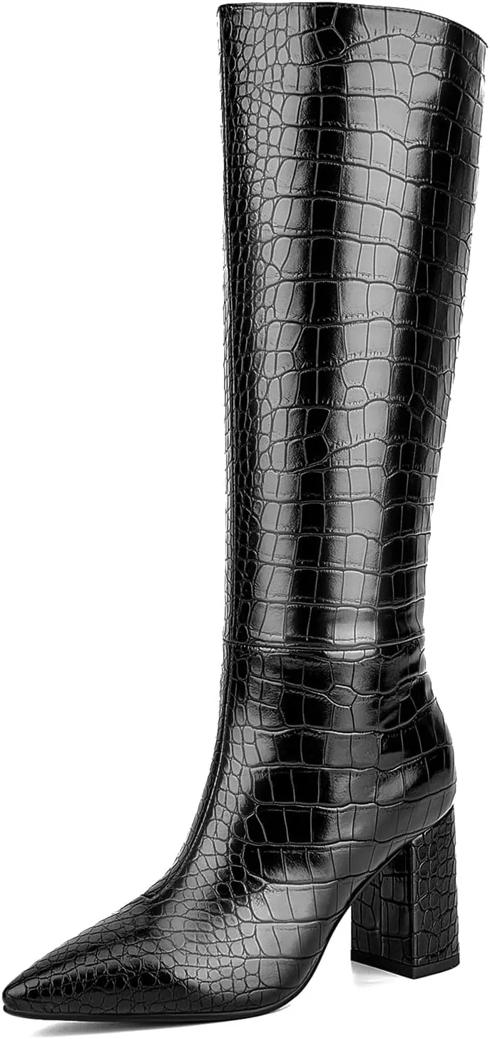 Lumeheel Women's Knee High Boots - Black High Heel Tall Boots Wide Calf Faux Crocodile Leather Boots Fashion Metallic GoGo Boots Sexy Pointed Toe Block Heeled Boots for Women Size 9 Wide