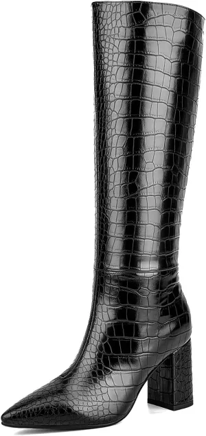 Lumeheel Women's Knee High Boots - Black High Heel Tall Boots Wide Calf Faux Crocodile Leather Boots Fashion Metallic GoGo Boots Sexy Pointed Toe Block Heeled Boots for Women Size 9 Wide