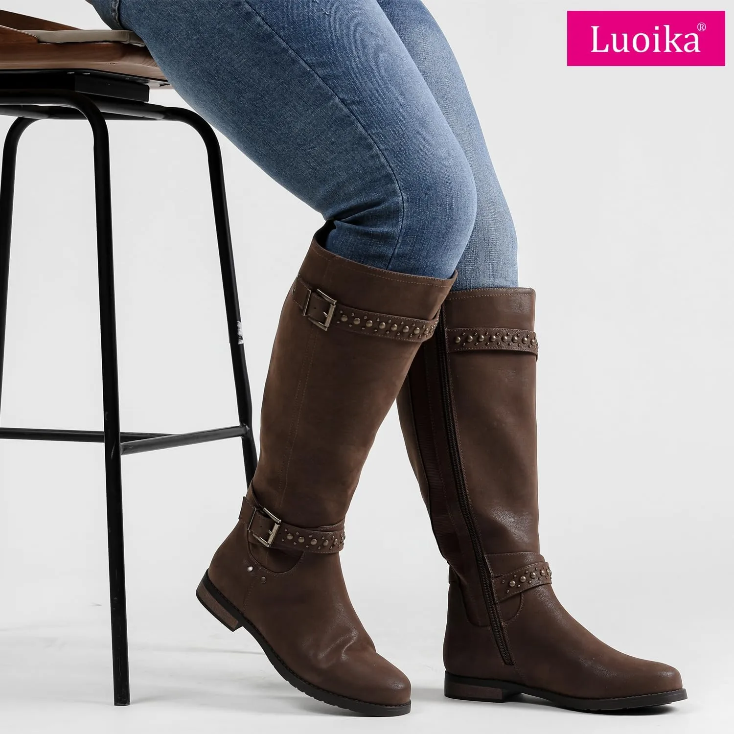 Luoika Women's Extra Wide Calf Knee High Boots, Chunky Low Heel Plus Size Boots Motocycle Ridding Boots.