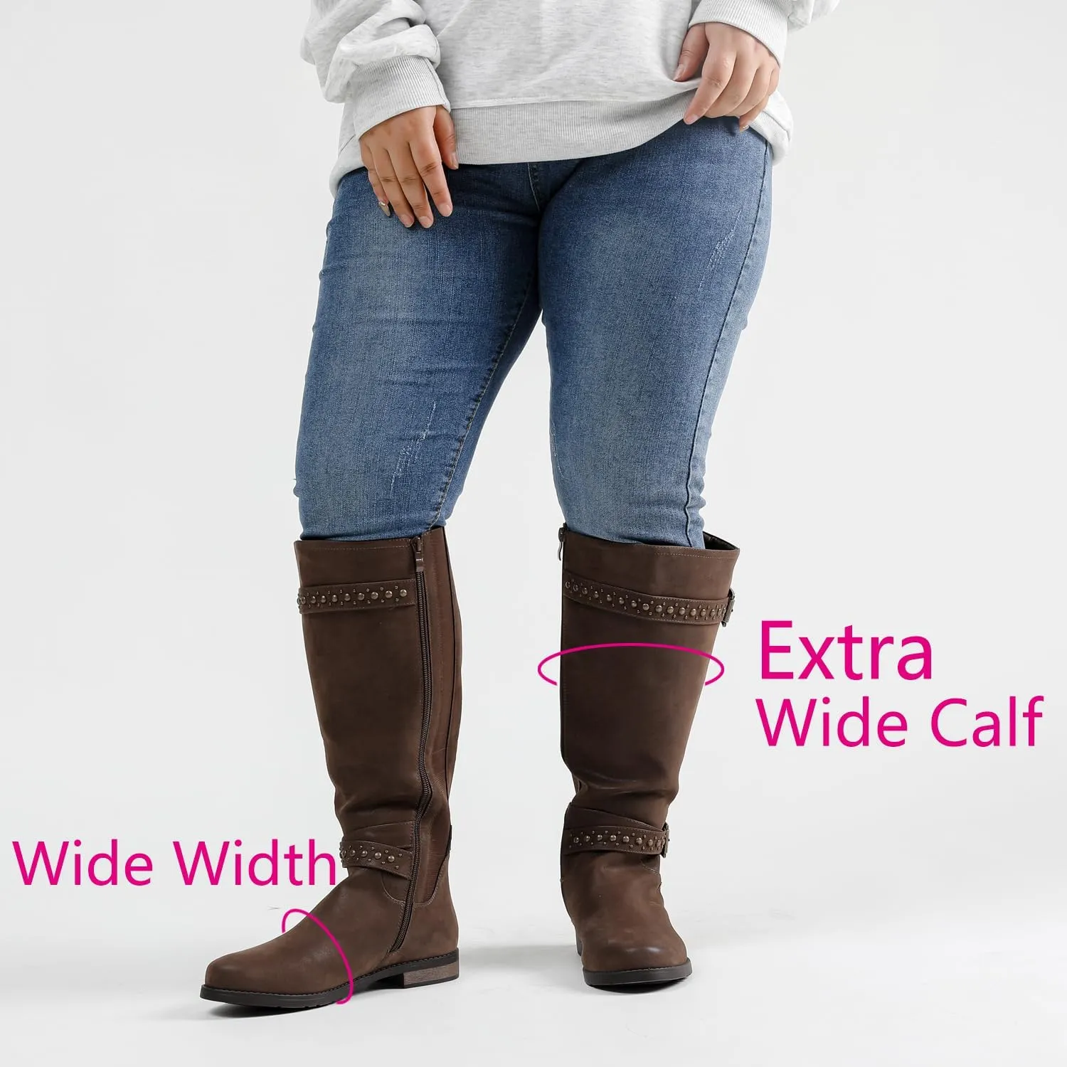 Luoika Women's Extra Wide Calf Knee High Boots, Chunky Low Heel Plus Size Boots Motocycle Ridding Boots.