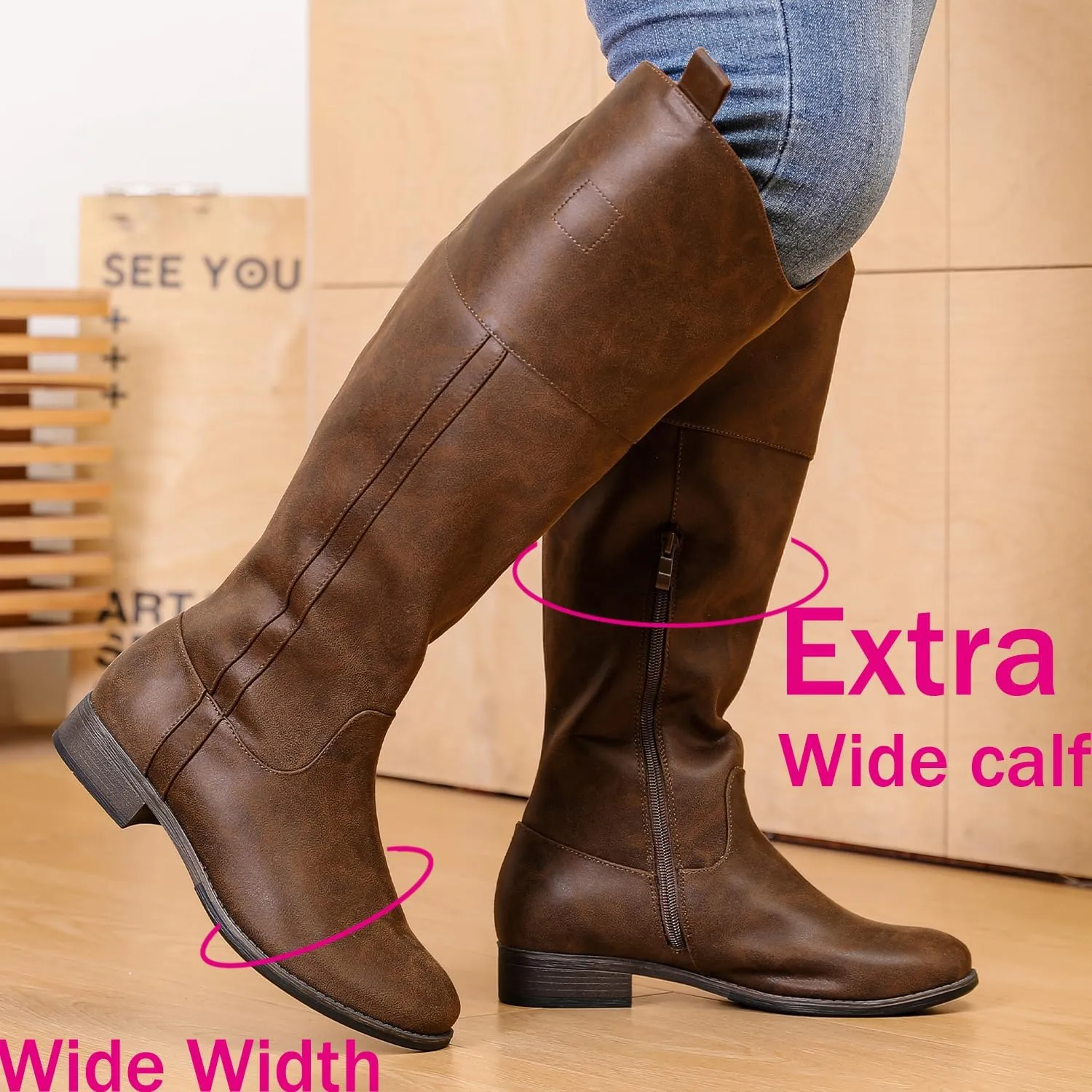Luoika Women's Extra Wide Calf Knee High Boots, Western Cowyboy Cowgirl Knee-High Boots Plus Size Wide Width Low Heel Winter Fall Boots.