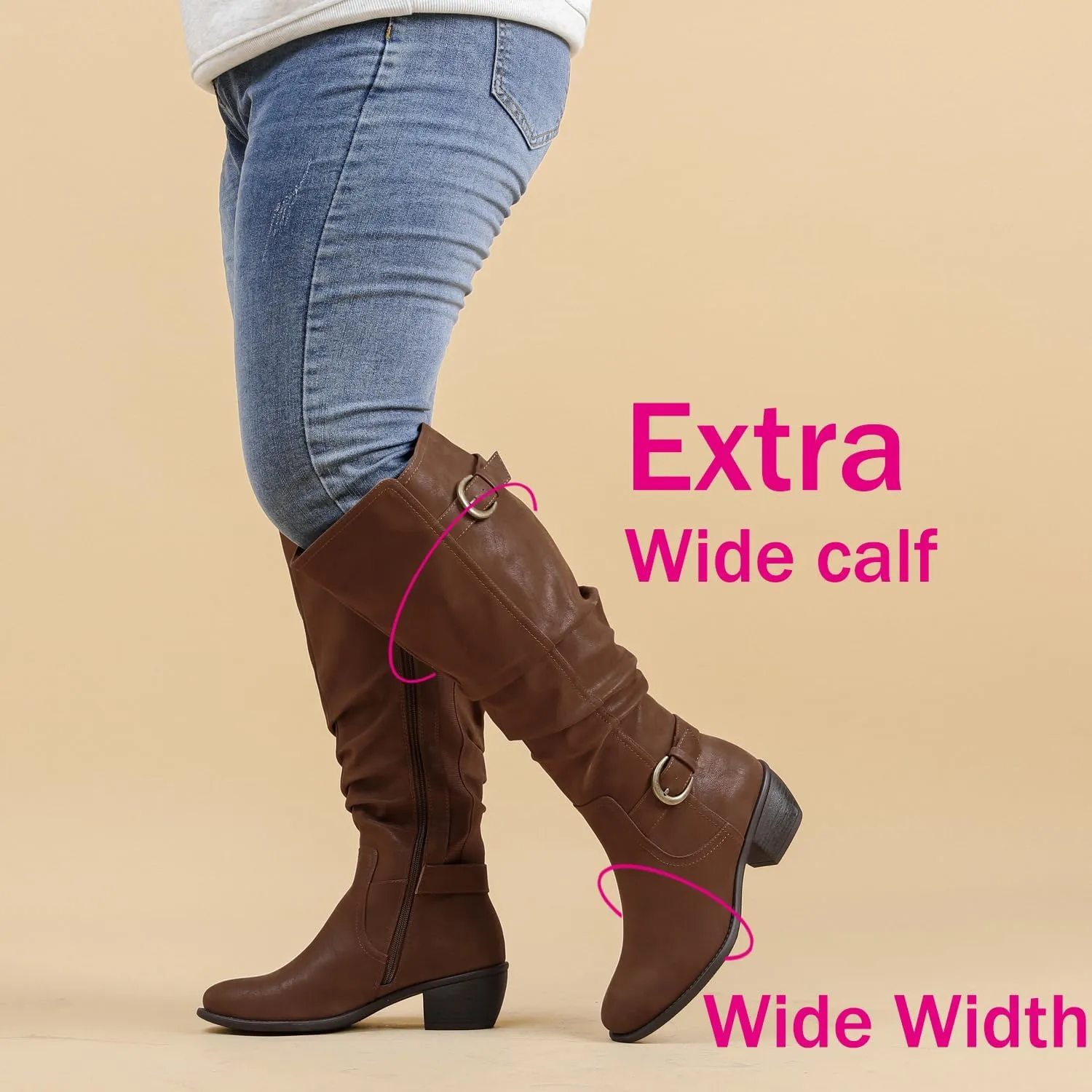 Luoika Women's Extra Wide Calf Knee High Boots, Wide Width Slouchy Knee-High Boots Low Stacked Heel Winter Fall Plus Size Boots.