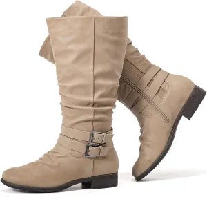 Luoika Women's Extra Wide Calf Slouchy Boots, Wide Width Flat Heel Mid Calf Boots for Women.