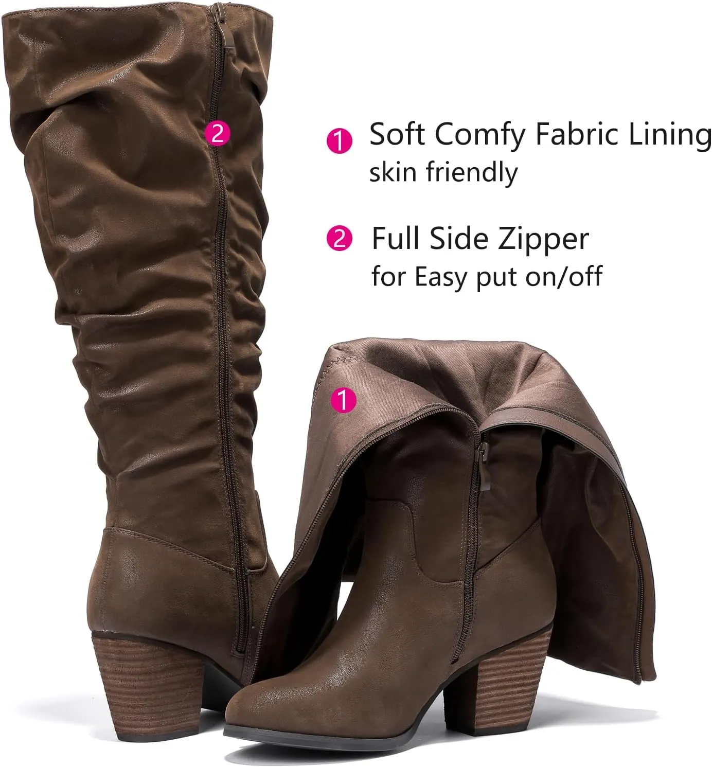 Luoika Women's Extra Wide Calf Slouchy Knee High Boots, Wide Width Knee-High Boots Low Stacked Heel Side Zipper Winter Fall Tall Boots.