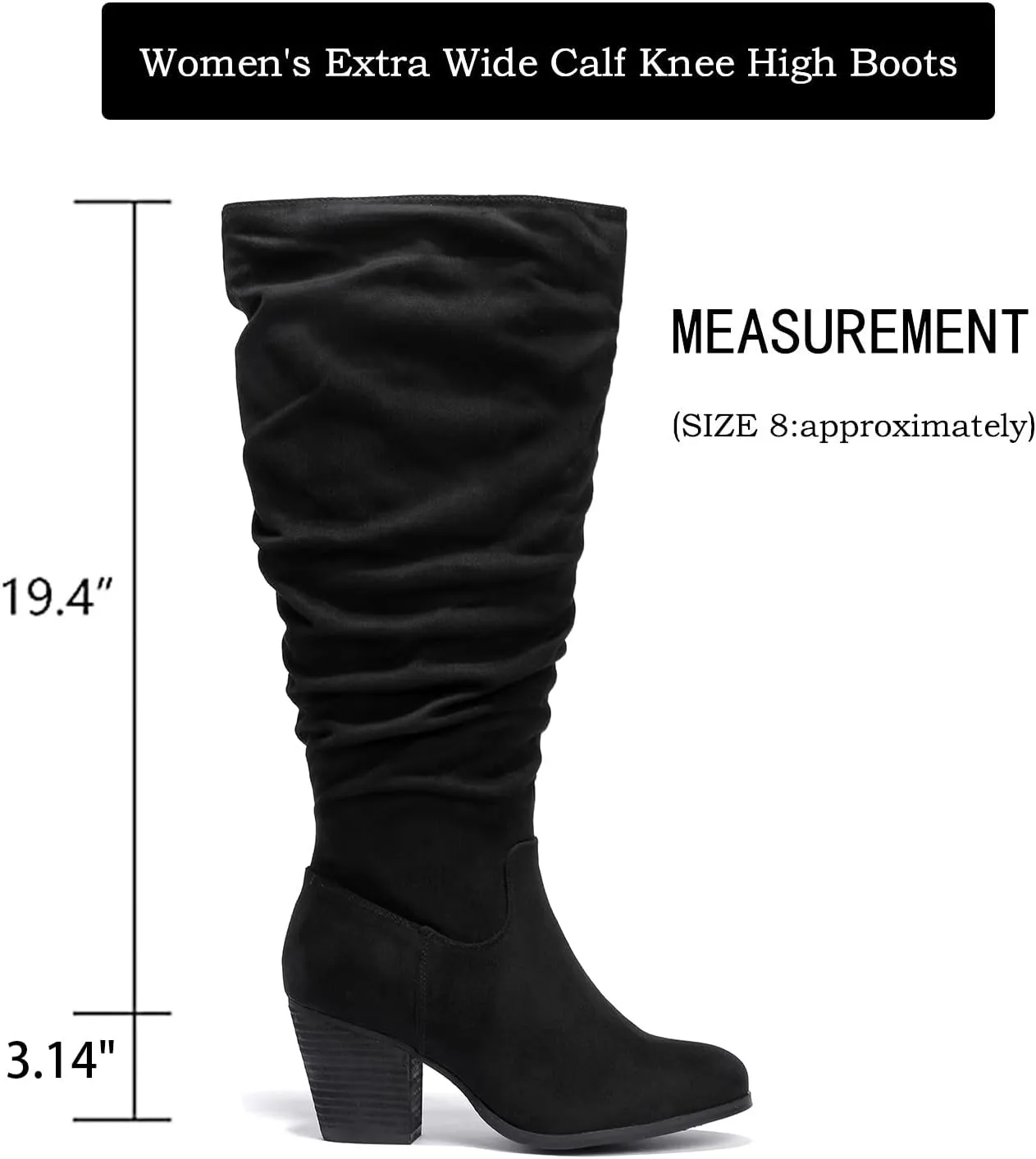 Luoika Women's Extra Wide Calf Slouchy Knee High Boots, Wide Width Knee-High Boots Low Stacked Heel Side Zipper Winter Fall Tall Boots.