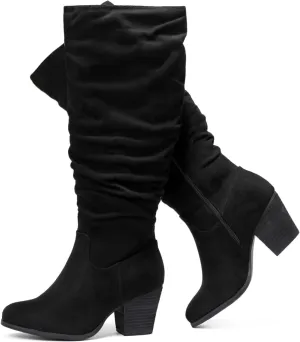 Luoika Women's Extra Wide Calf Slouchy Knee High Boots, Wide Width Knee-High Boots Low Stacked Heel Side Zipper Winter Fall Tall Boots.