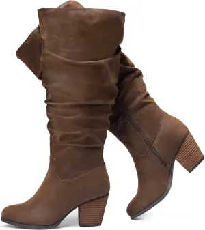 Luoika Women's Extra Wide Calf Slouchy Knee High Boots, Wide Width Knee-High Boots Low Stacked Heel Side Zipper Winter Fall Tall Boots.