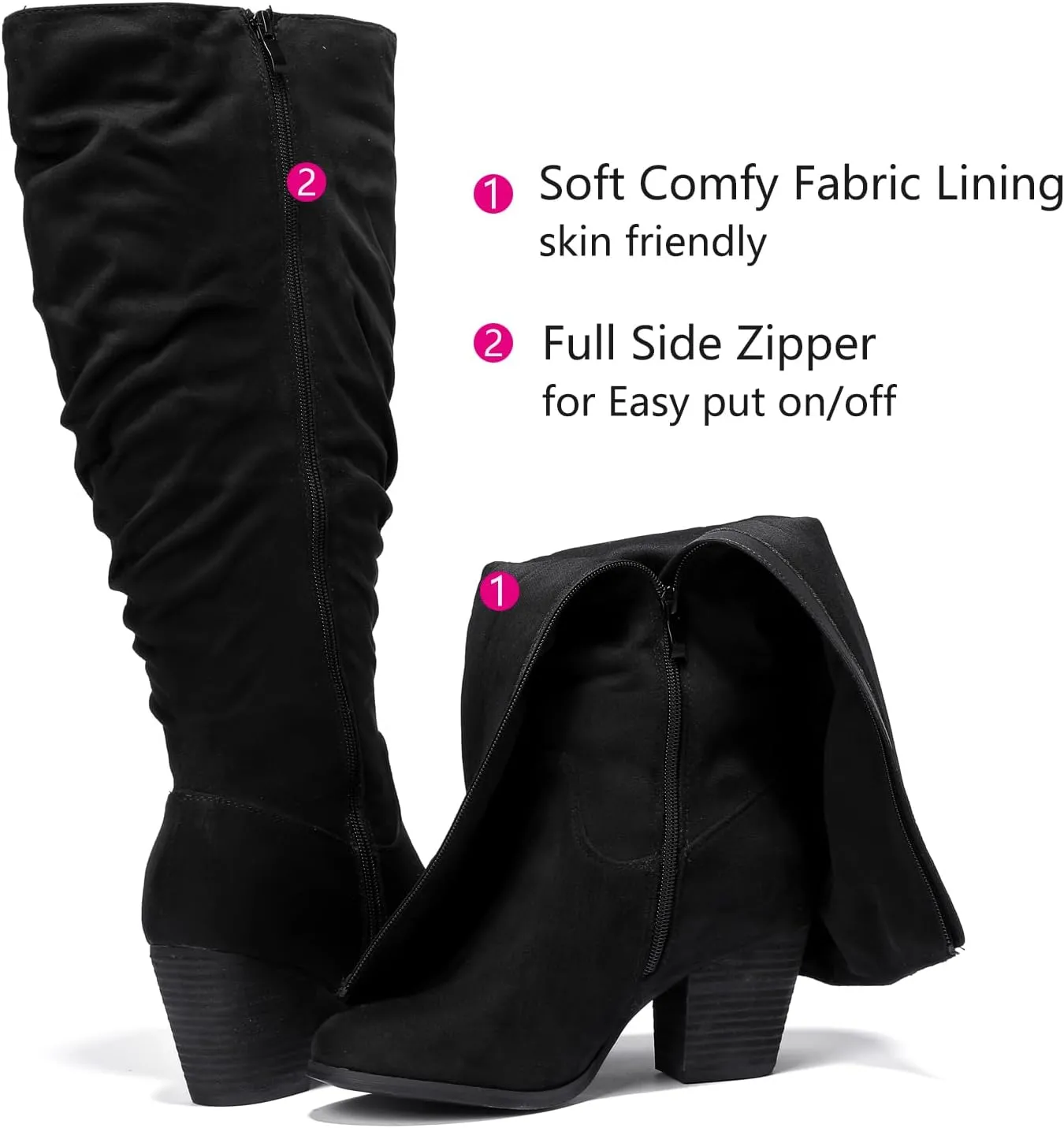 Luoika Women's Extra Wide Calf Slouchy Knee High Boots, Wide Width Knee-High Boots Low Stacked Heel Side Zipper Winter Fall Tall Boots.