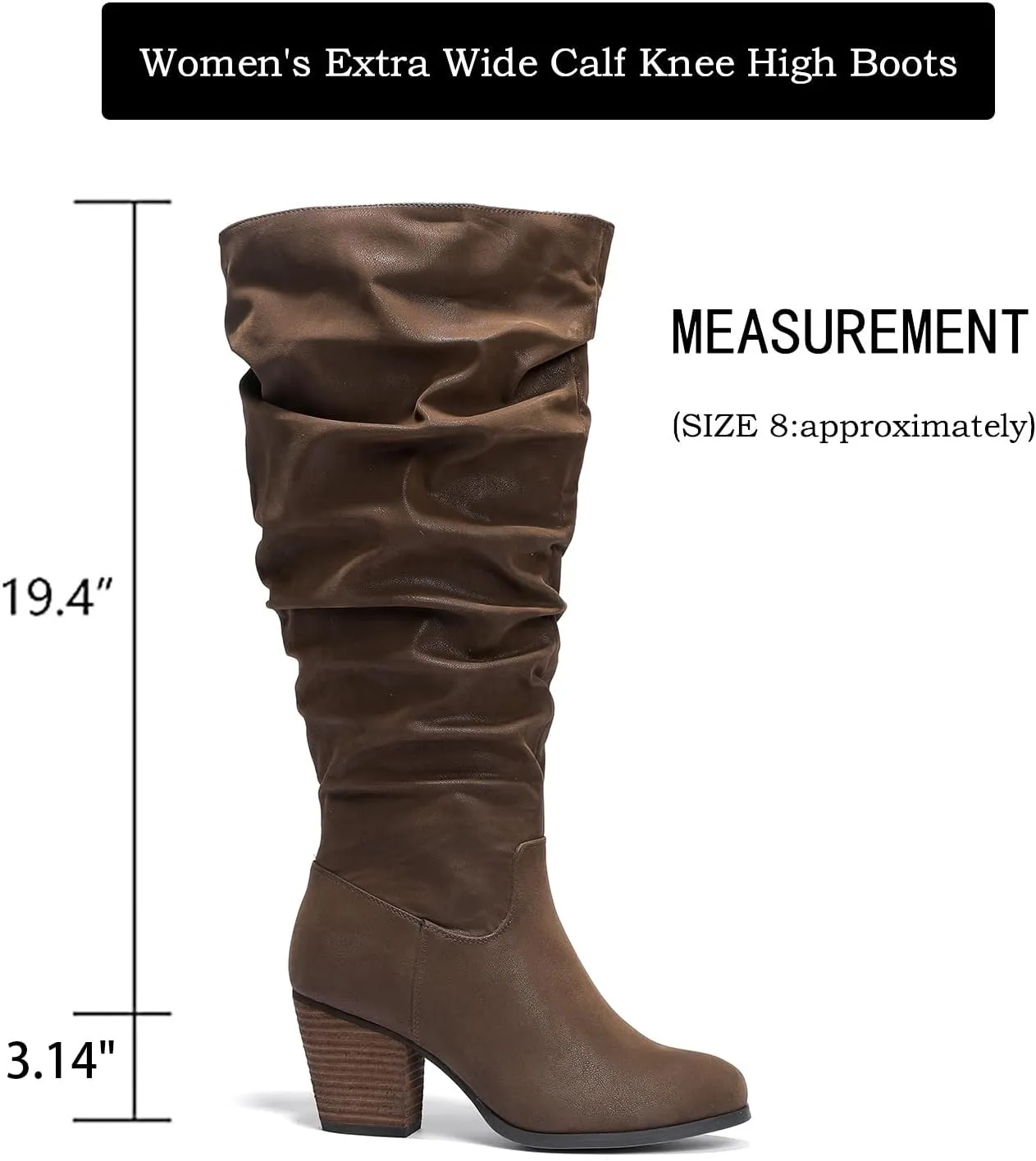 Luoika Women's Extra Wide Calf Slouchy Knee High Boots, Wide Width Knee-High Boots Low Stacked Heel Side Zipper Winter Fall Tall Boots.