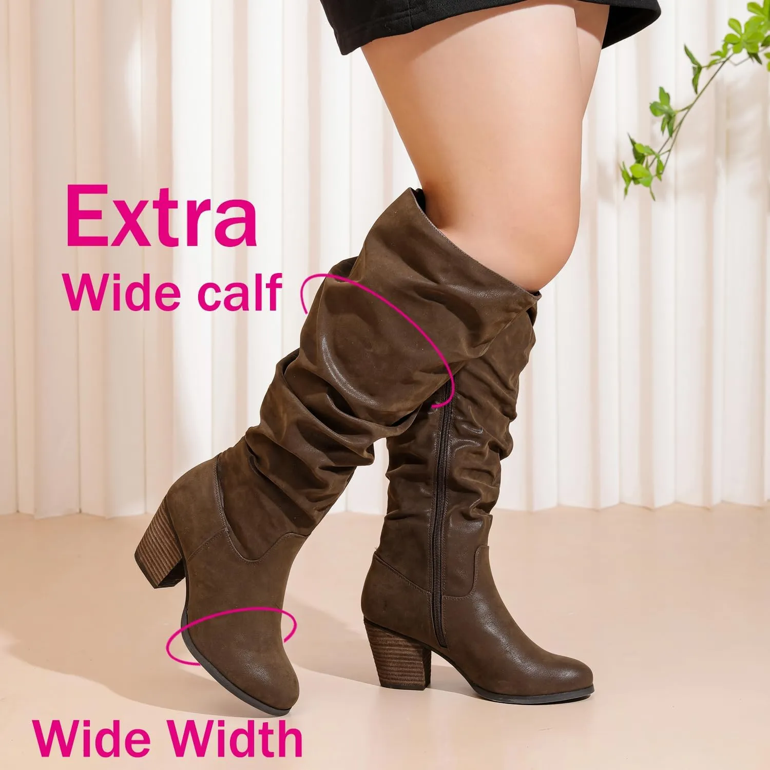 Luoika Women's Extra Wide Calf Slouchy Knee High Boots, Wide Width Knee-High Boots Low Stacked Heel Side Zipper Winter Fall Tall Boots.