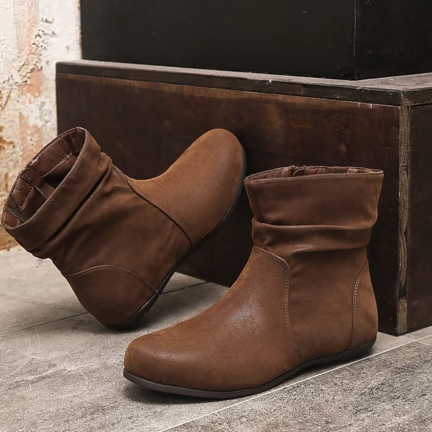 Luoika Women's Wide Width Ankle Boots - Black Brown Short Boots Block Low Heel Side Zipper Booties.