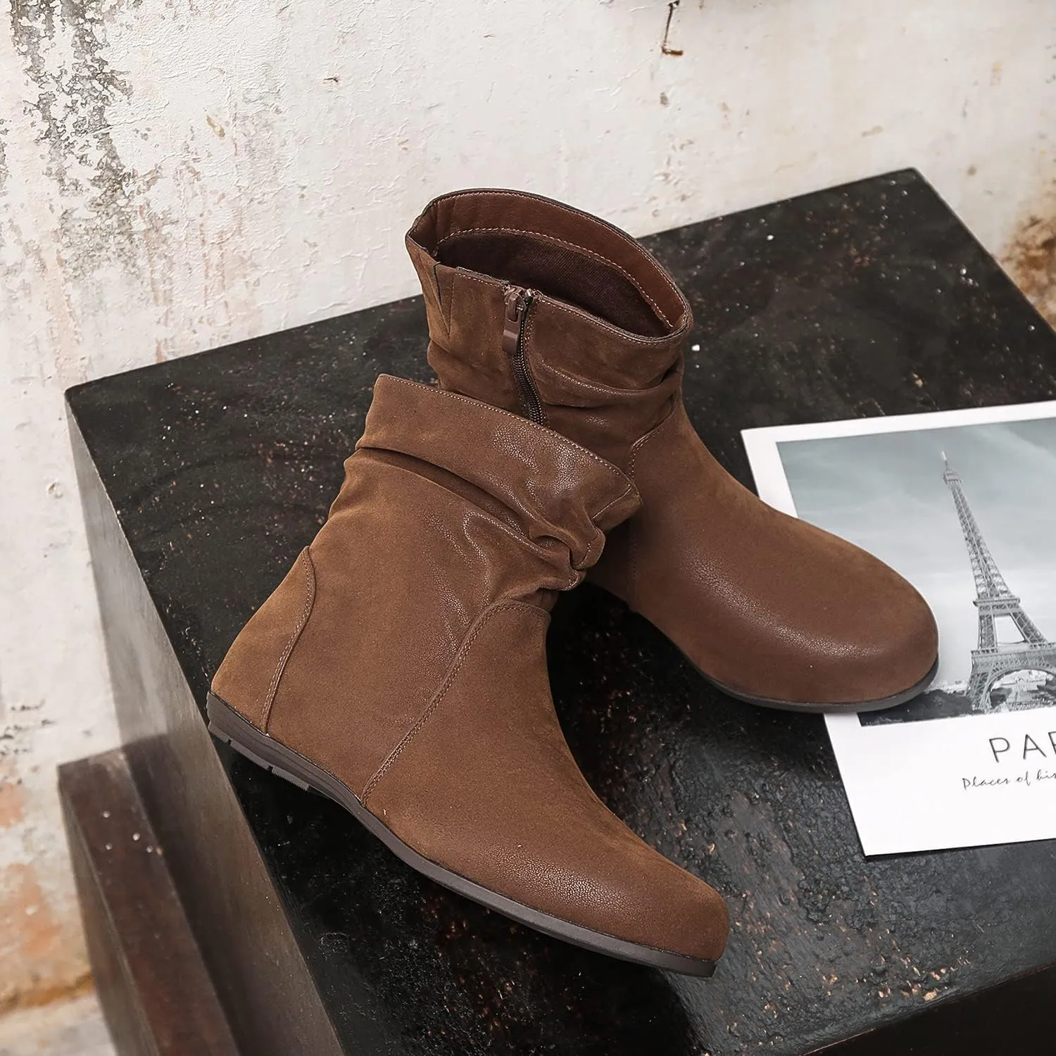 Luoika Women's Wide Width Ankle Boots - Black Brown Short Boots Block Low Heel Side Zipper Booties.