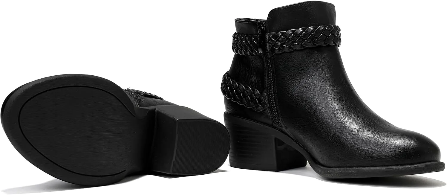 Luoika Women's Wide Width Ankle Boots - Black Brown Short Boots Block Low Heel Side Zipper Booties.