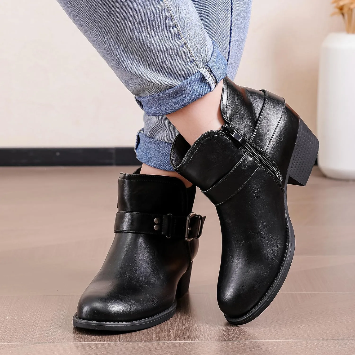 Luoika Women's Wide Width Ankle Boots - Black Brown Short Boots Block Low Heel Side Zipper Booties.