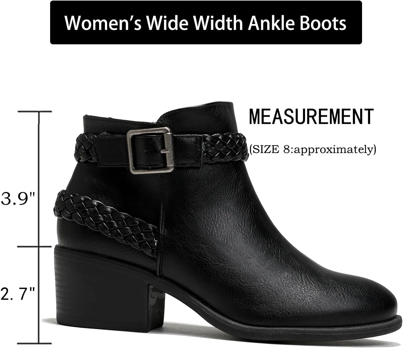 Luoika Women's Wide Width Ankle Boots - Black Brown Short Boots Block Low Heel Side Zipper Booties.