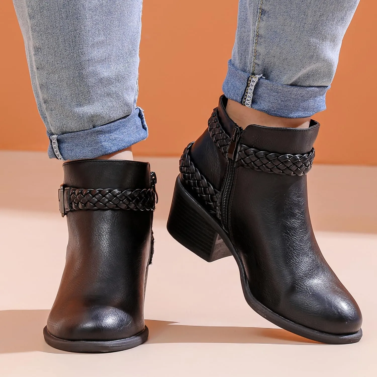 Luoika Women's Wide Width Ankle Boots - Black Brown Short Boots Block Low Heel Side Zipper Booties.
