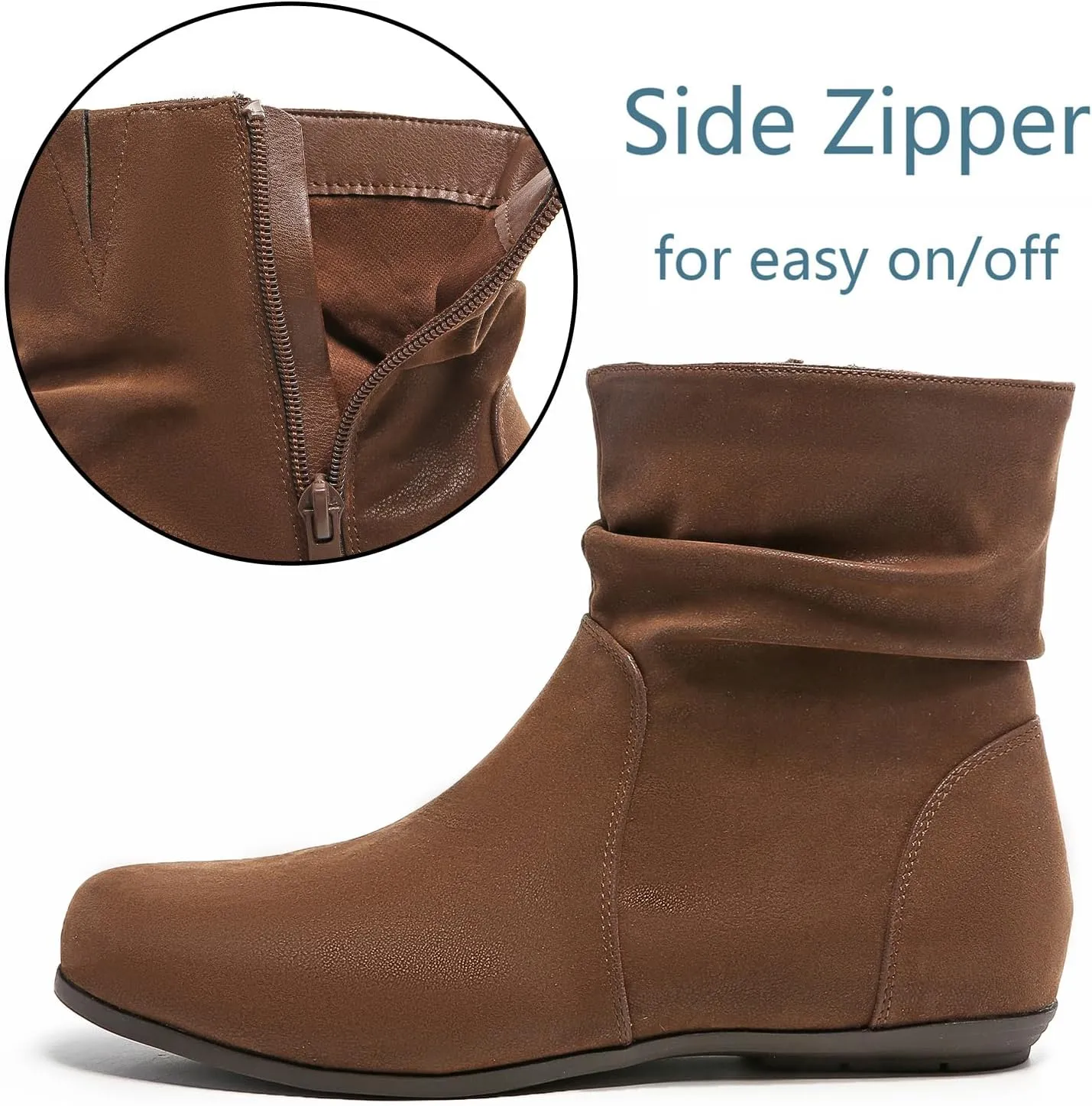 Luoika Women's Wide Width Ankle Boots - Black Brown Short Boots Block Low Heel Side Zipper Booties.