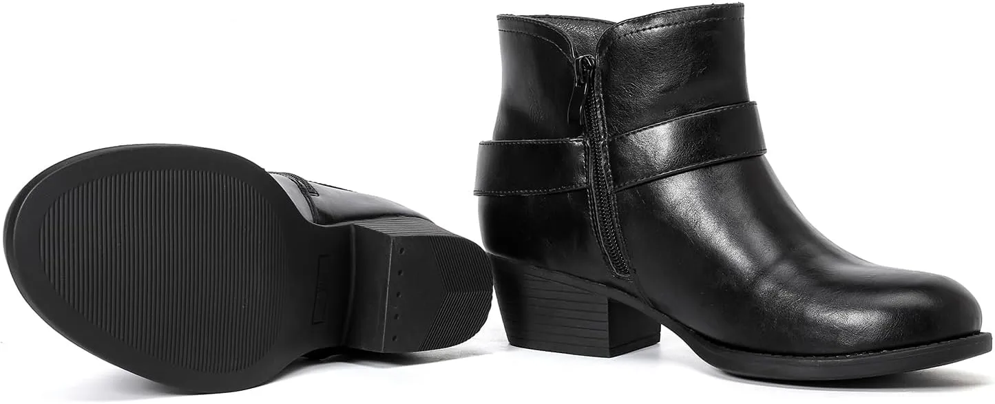 Luoika Women's Wide Width Ankle Boots - Black Brown Short Boots Block Low Heel Side Zipper Booties.
