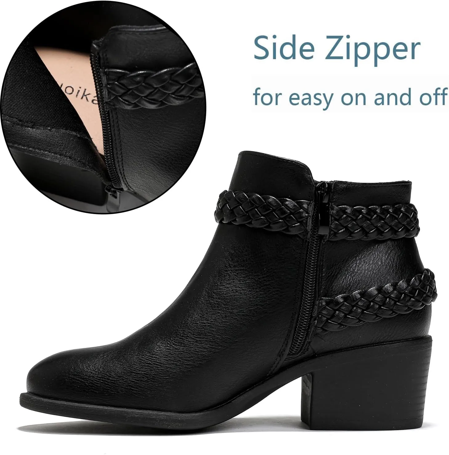 Luoika Women's Wide Width Ankle Boots - Black Brown Short Boots Block Low Heel Side Zipper Booties.