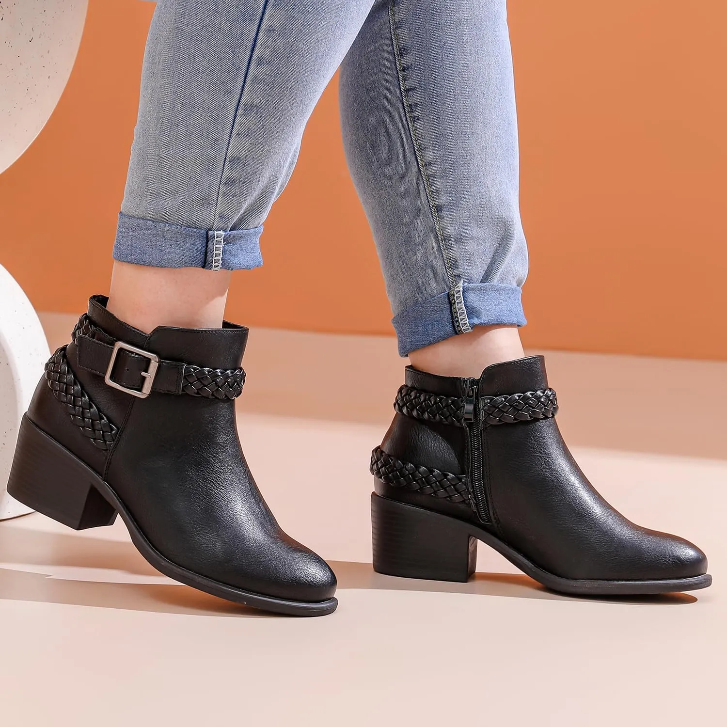 Luoika Women's Wide Width Ankle Boots - Black Brown Short Boots Block Low Heel Side Zipper Booties.