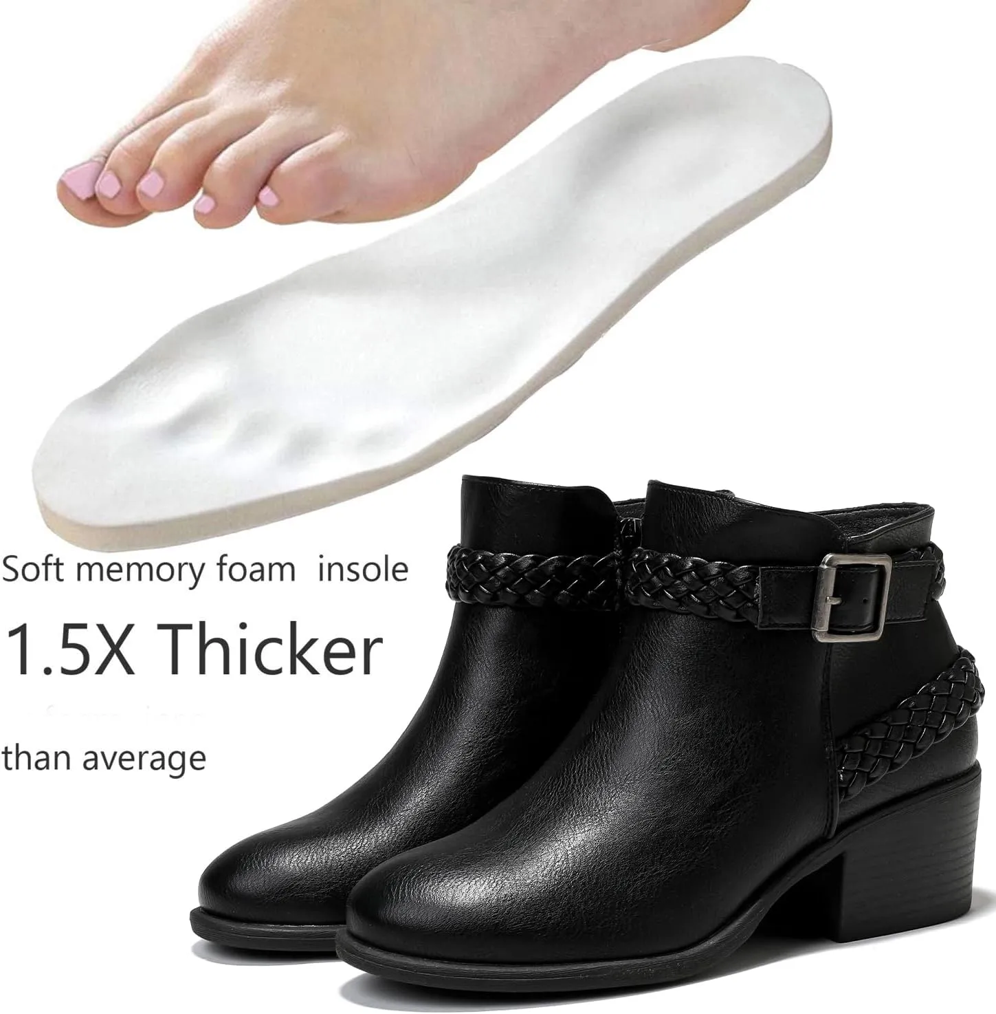 Luoika Women's Wide Width Ankle Boots - Black Brown Short Boots Block Low Heel Side Zipper Booties.