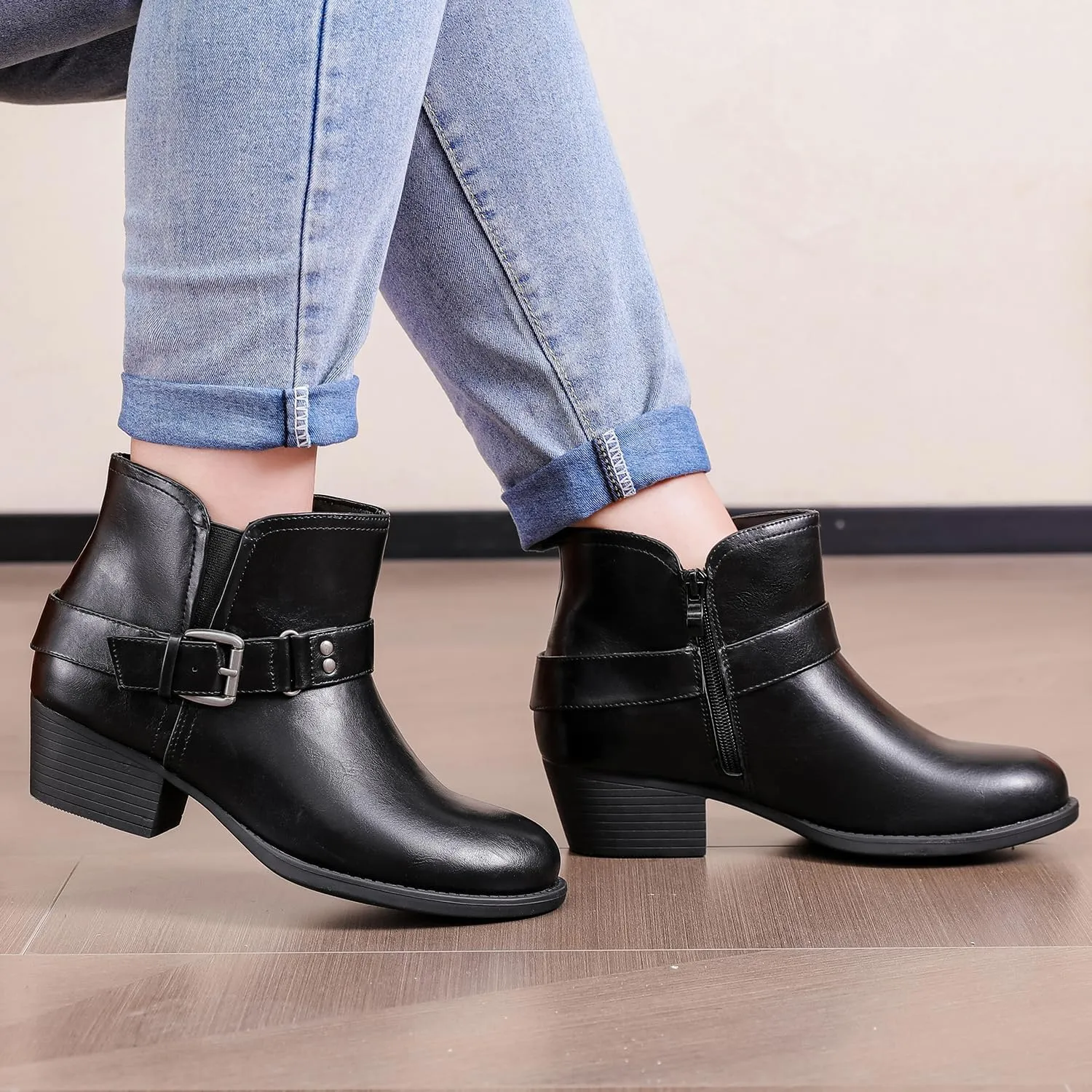 Luoika Women's Wide Width Ankle Boots - Black Brown Short Boots Block Low Heel Side Zipper Booties.