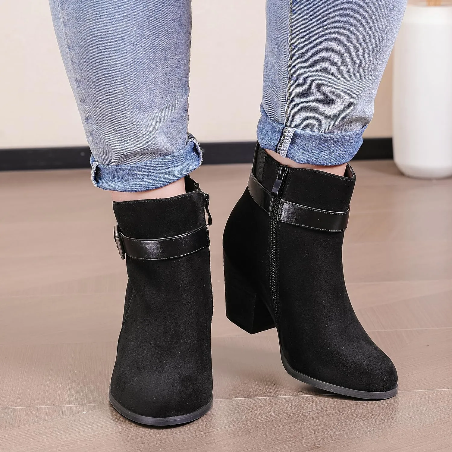 Luoika Women's Wide Width Ankle Boots, Extra Wide Mid Heel Side Zipper Booties.