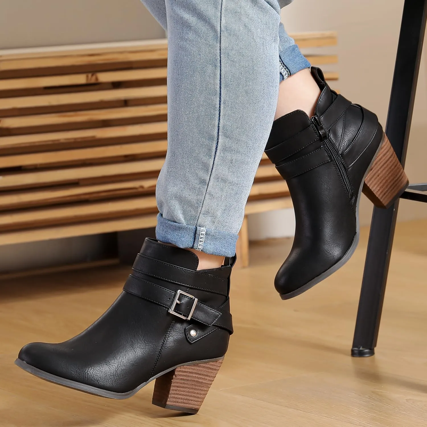 Luoika Women's Wide Width Ankle Boots, Extra Wide Mid Heel Side Zipper Booties.