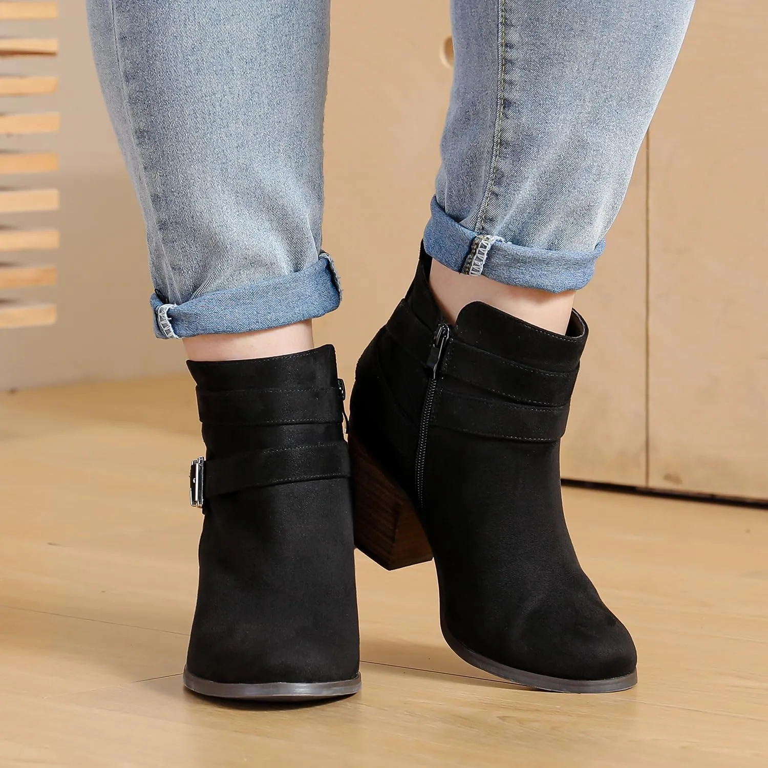 Luoika Women's Wide Width Ankle Boots, Extra Wide Mid Heel Side Zipper Booties.