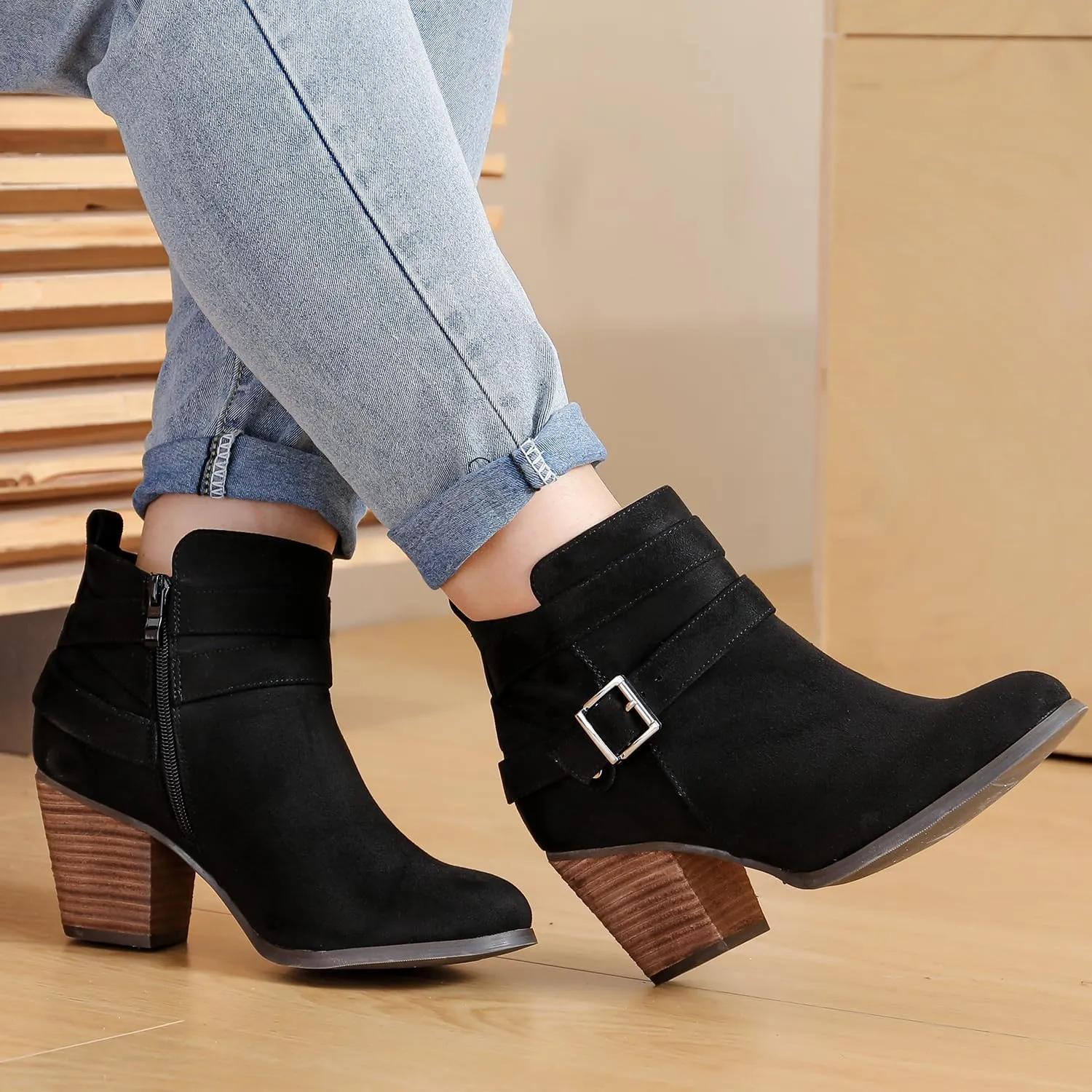 Luoika Women's Wide Width Ankle Boots, Extra Wide Mid Heel Side Zipper Booties.
