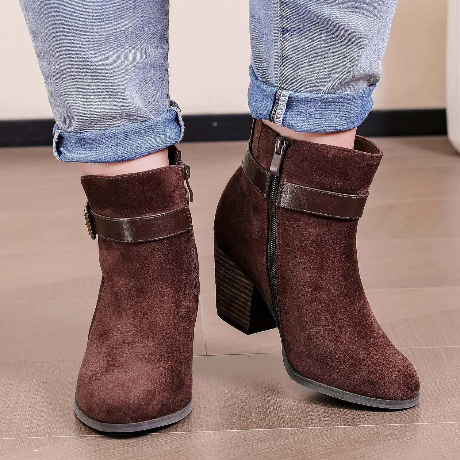 Luoika Women's Wide Width Ankle Boots, Extra Wide Mid Heel Side Zipper Booties.