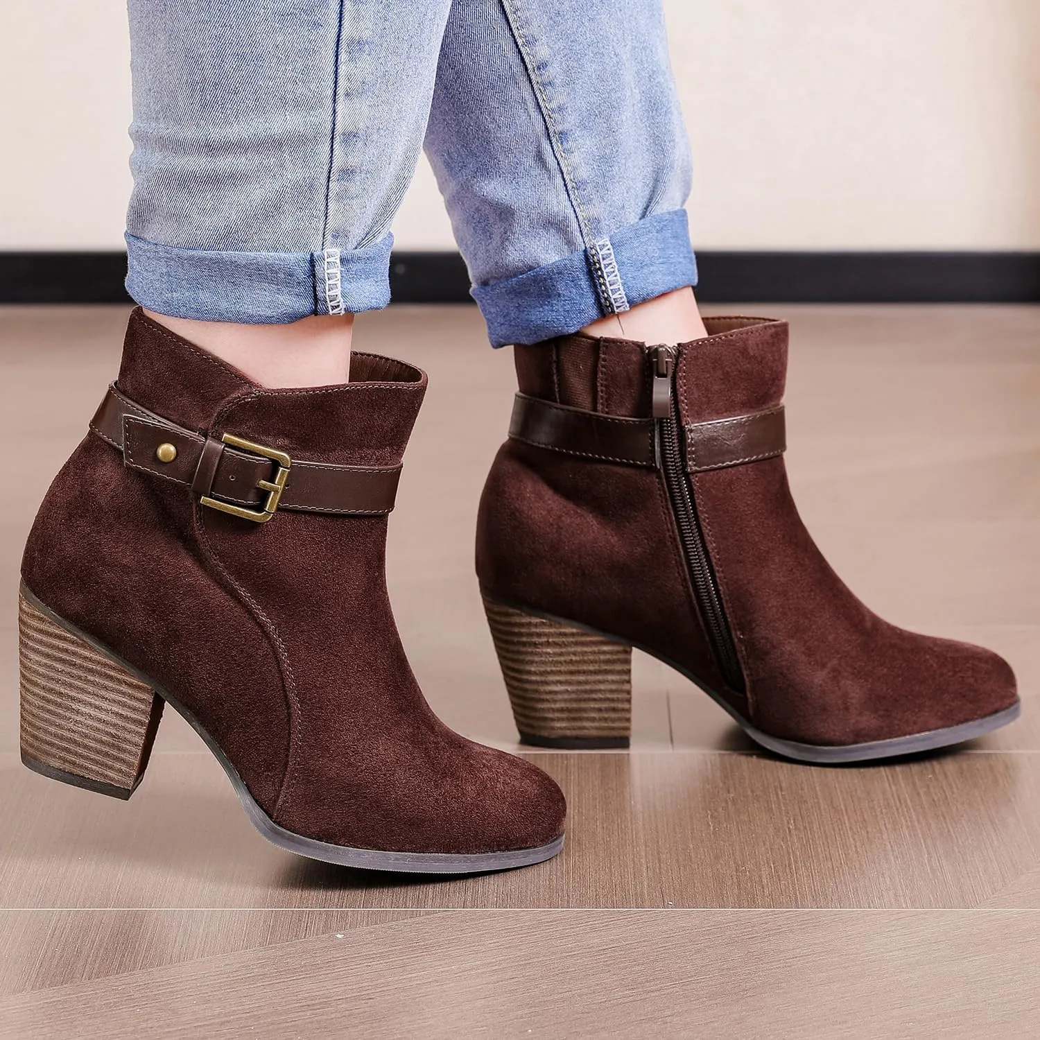 Luoika Women's Wide Width Ankle Boots, Extra Wide Mid Heel Side Zipper Booties.