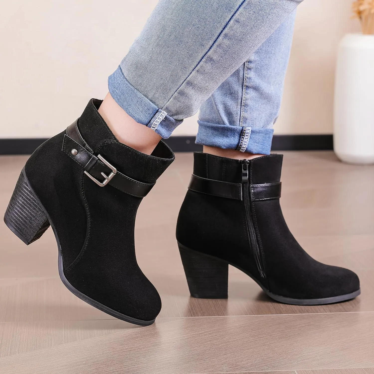 Luoika Women's Wide Width Ankle Boots, Extra Wide Mid Heel Side Zipper Booties.