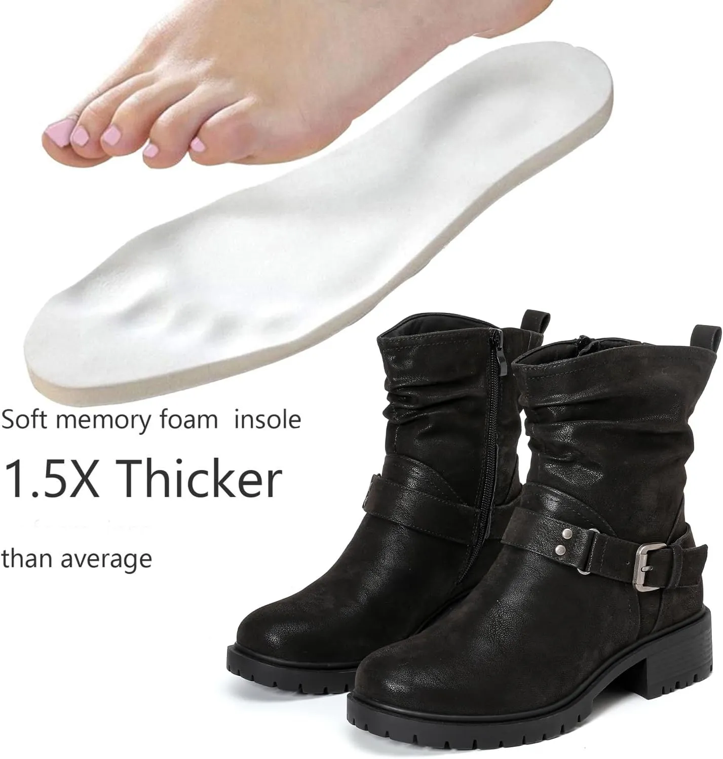 Luoika Women's Wide Width Ankle Boots - Low Heel Side Zipper Slouchy Mid Calf Boots Short Booties.