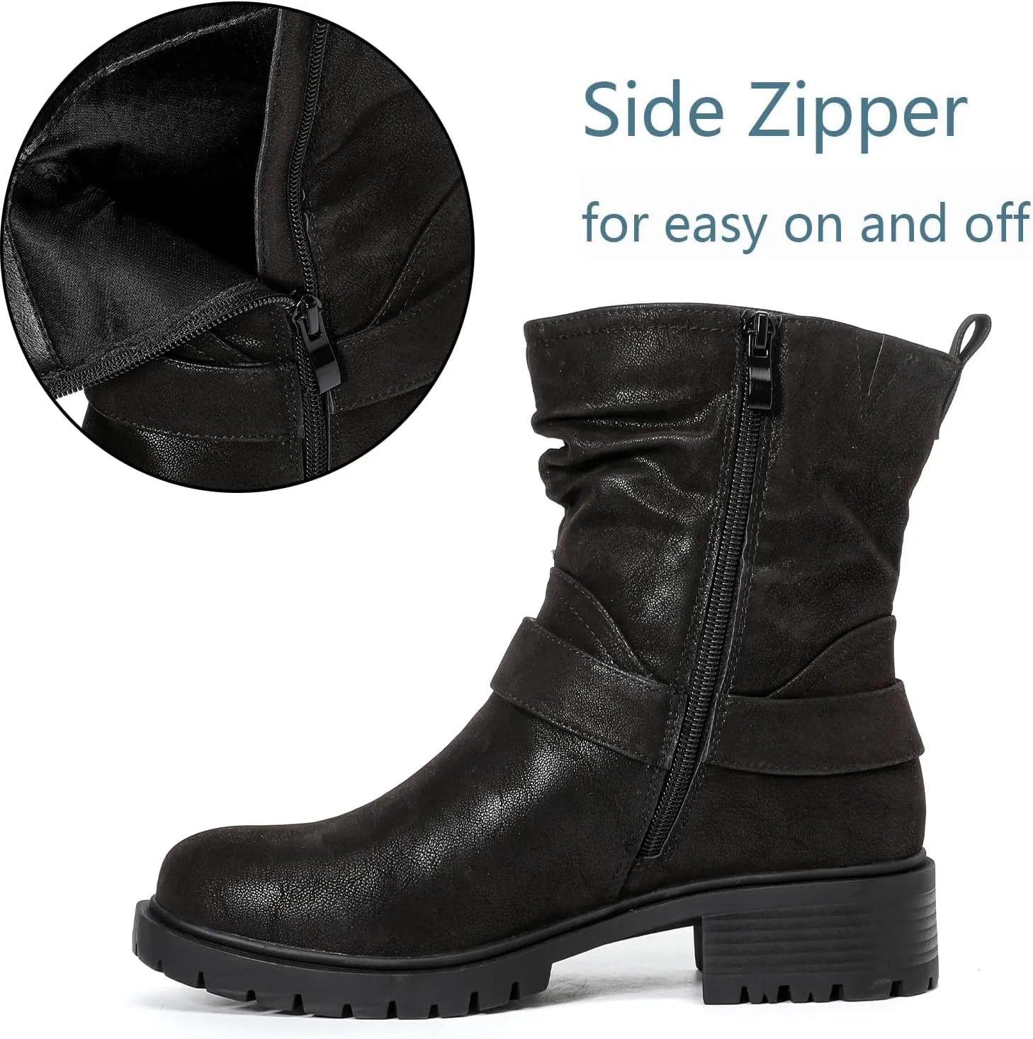 Luoika Women's Wide Width Ankle Boots - Low Heel Side Zipper Slouchy Mid Calf Boots Short Booties.
