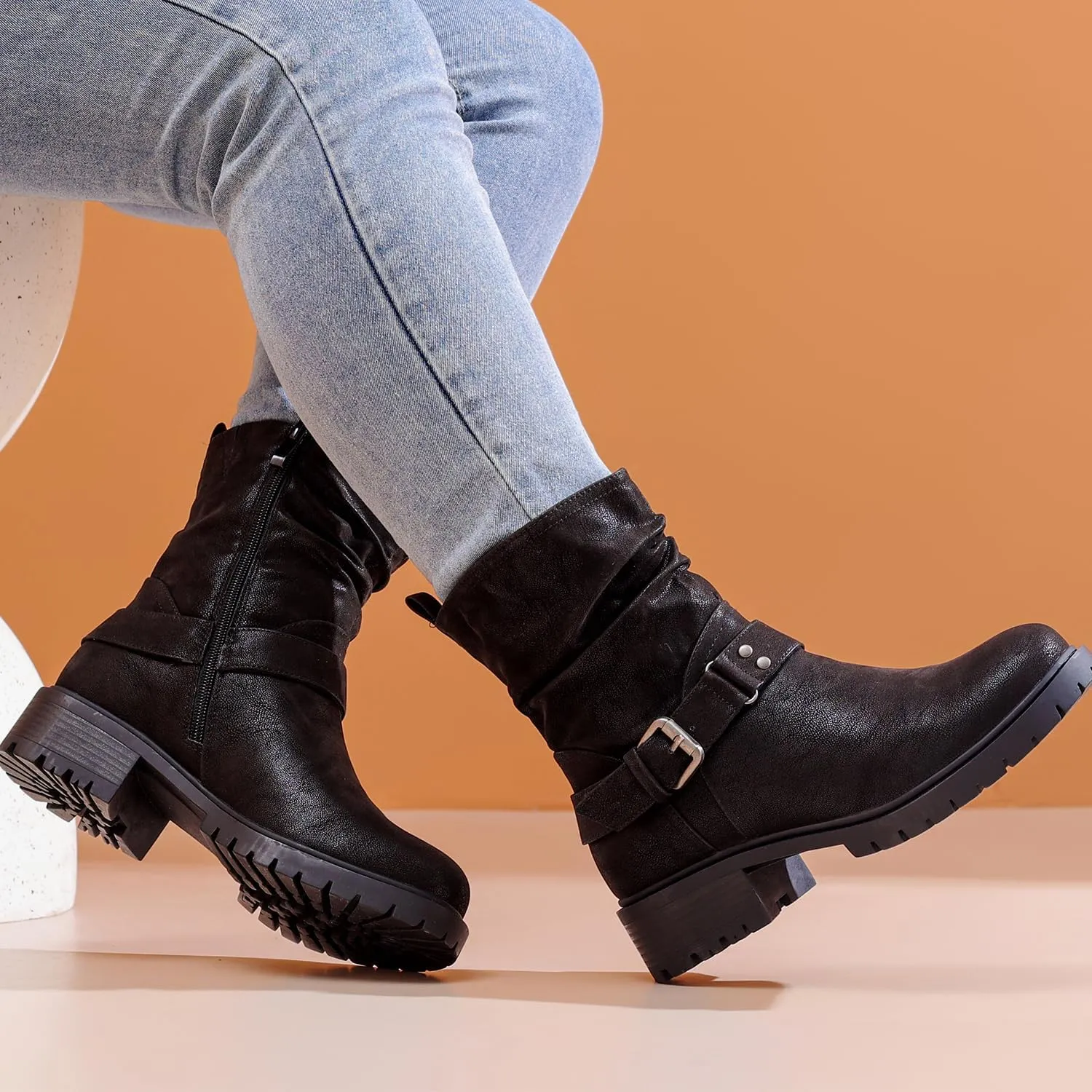 Luoika Women's Wide Width Ankle Boots - Low Heel Side Zipper Slouchy Mid Calf Boots Short Booties.
